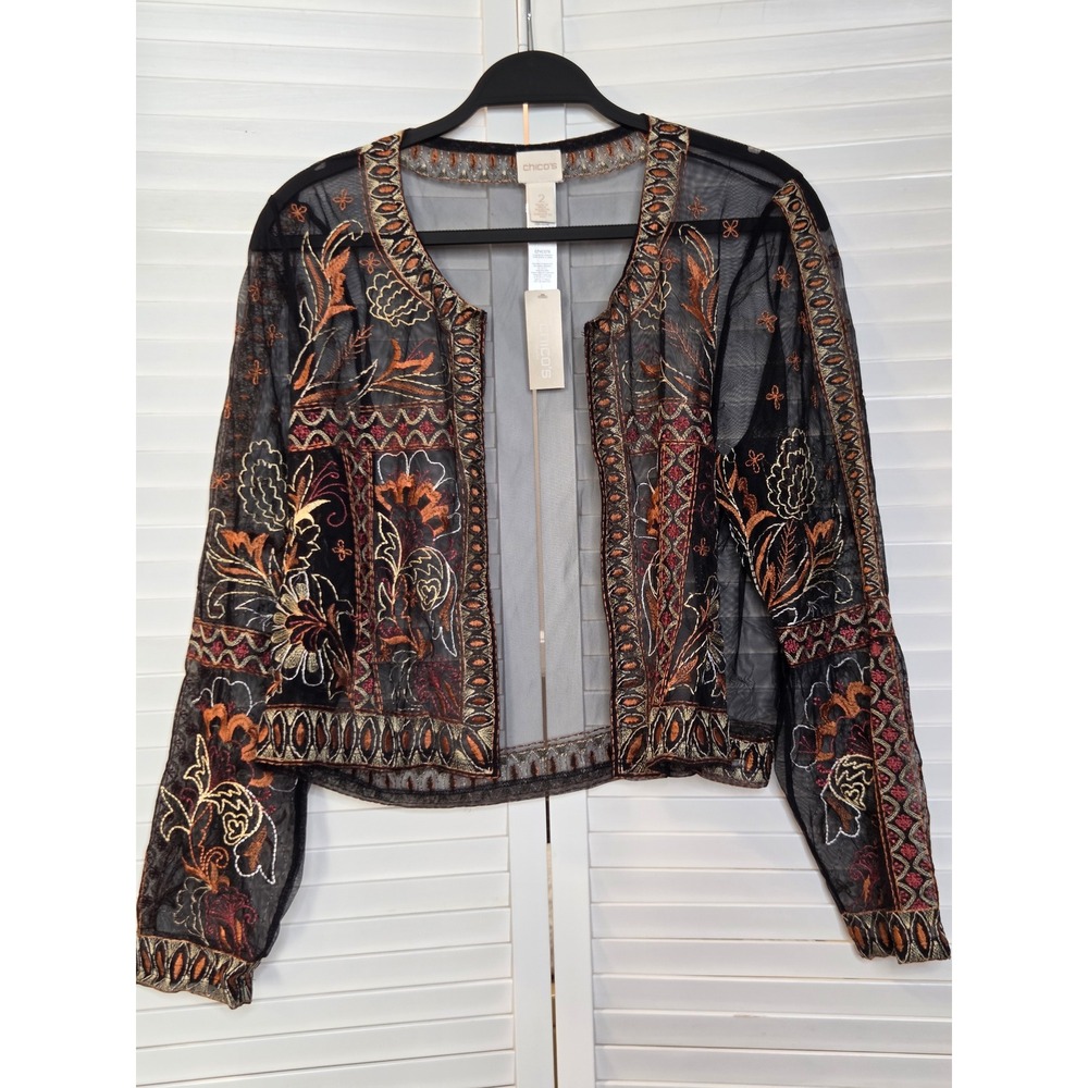 Chicos Sheer Mesh Embroidered Bolero Jacket Size 2 Large Black Gold Copper NWT